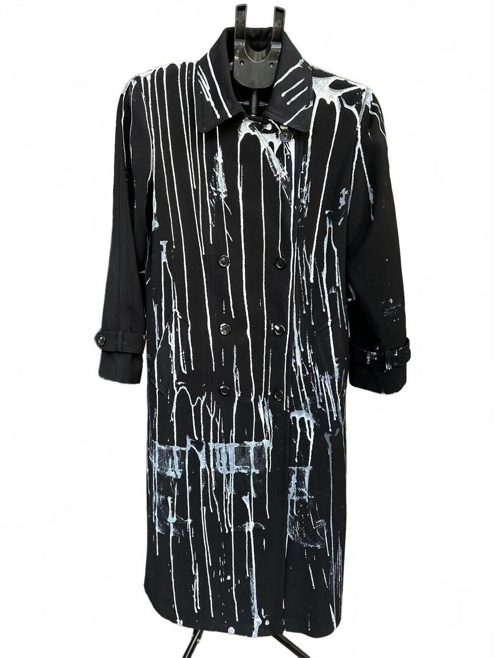 Vintage Black Trench Coat | Upcycled | Hand-Painted White Drip | OOAK | Size 4P